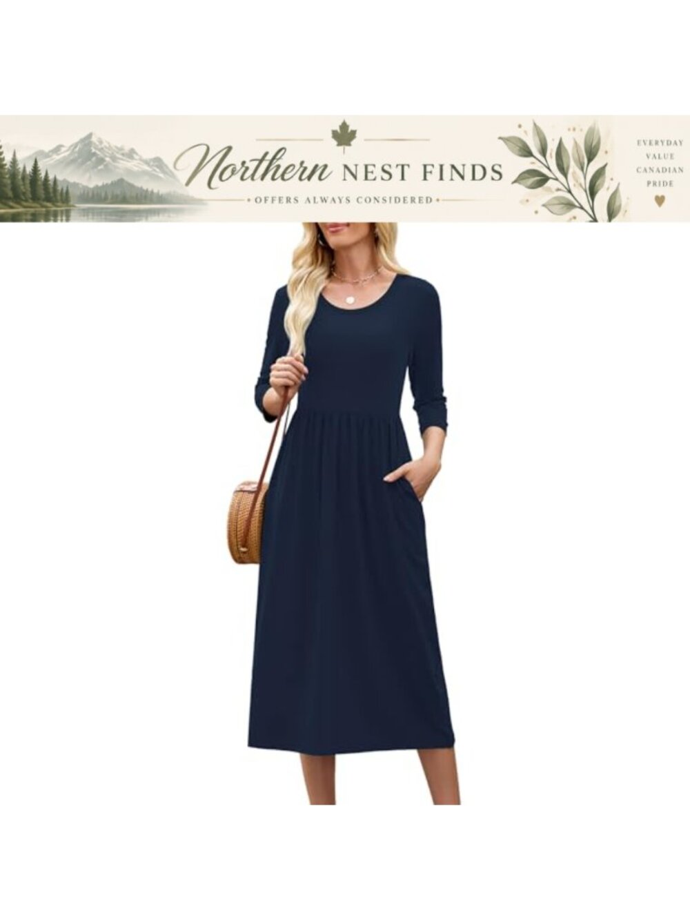 Heymoments Women's 3/4 Sleeve Midi A-Line Tiered Flowy Dress with Pockets